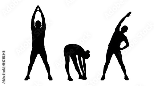 Three black silhouettes of people doing yoga poses