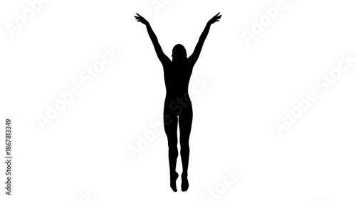 Silhouette of a woman jumping up in the air with her arms raised in a celebratory gesture