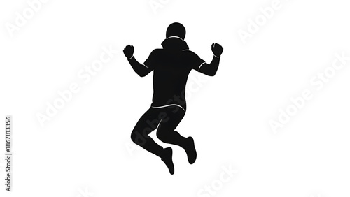 A silhouette of a person jumping up in the air with fists clenched in a dynamic motion