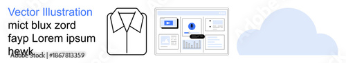 Cloud computing, data analytics, online dashboards, storage solutions, fashion design, technology interface. ion of cloud, statistical dashboard shirt outline. Cloud computing and data analytics