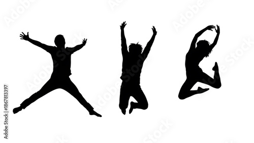 Three black silhouettes of people jumping in different poses