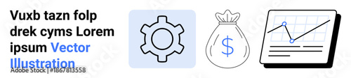 Gear signifies productivity, a money bag represents financial success, and a graph shows progress. Ideal for finance, productivity, planning, business growth, data analysis, strategy simple landing