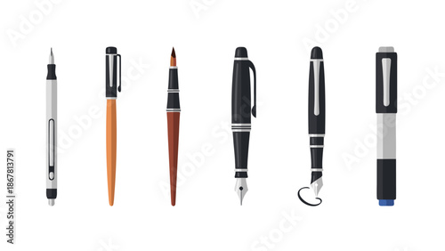 Collection of various writing instruments including fountain pens and markers