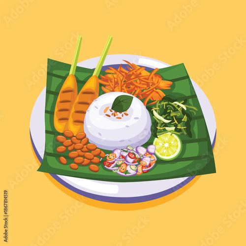 A flat illustration of Indonesian urap rice with vegetables and side dishes, perfect for traditional food menus and culinary promotions.