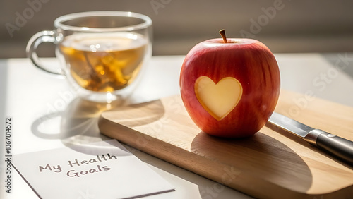 Health goals and wellness planning concept with fresh red apple carved heart shape green tea and handwritten note for healthy lifestyle nutrition resolutions