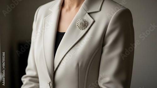 Jewelry Brooch: Silver Flower Lapel Pin on Beige Blazer
