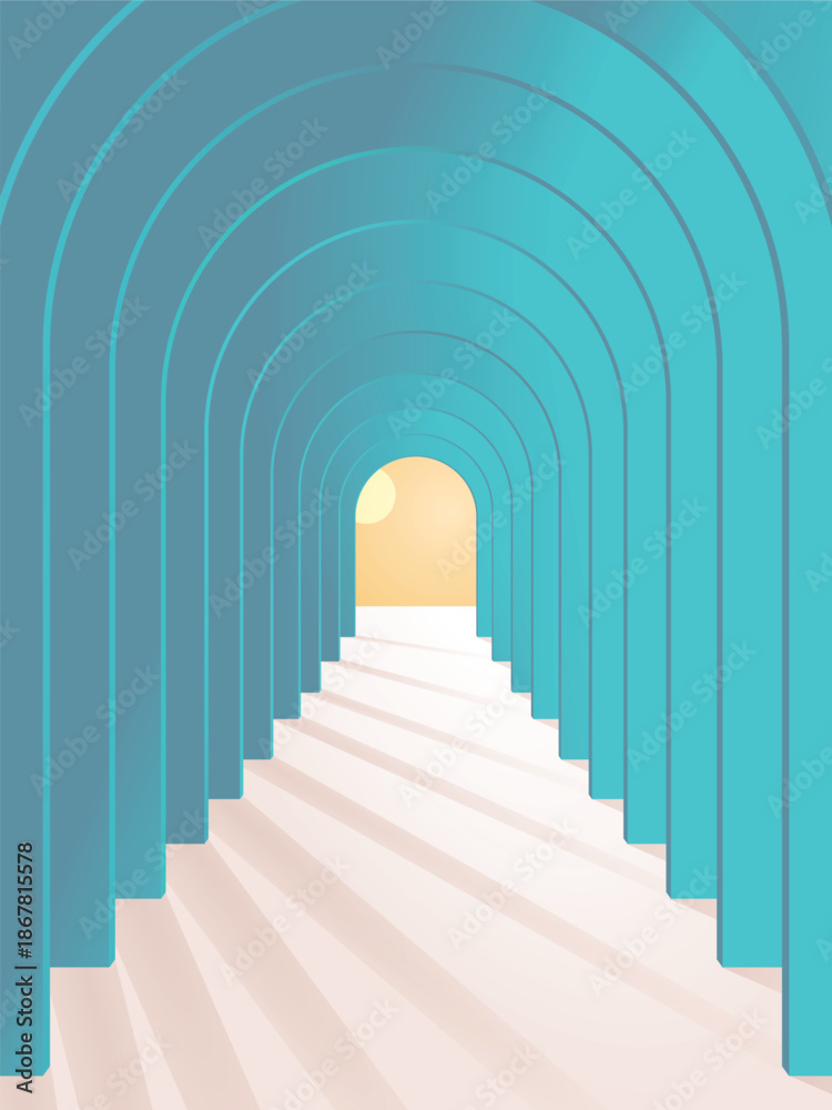 Obraz premium Endless corridor of repeating arches in warm green pastel colors, creating depth, rhythm, and a surreal architectural perspective.