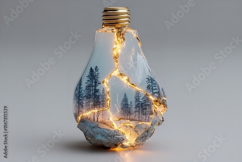 Illuminate nature's essence in a shattered light bulb filled with serene forest imagery