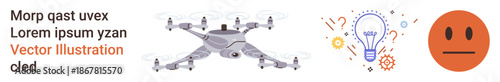 Robotics, innovation, emotions, technology, creativity, mood . quadcopter with multiple propellers, lightbulb with gears neutral face. Innovation and emotions in robotics and creativity concepts