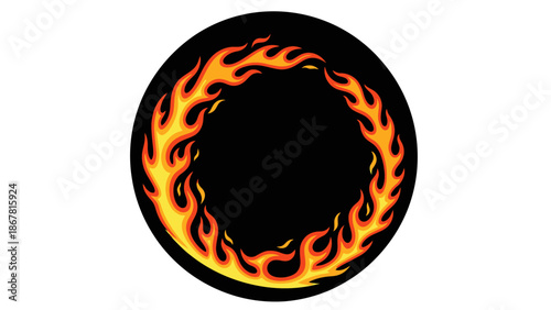 Black circle with a vibrant ring of orange and yellow stylized flames, creating a fiery border on a white background.