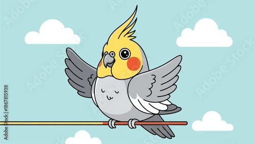 A cute cartoon cockatiel bird with yellow crest and orange cheeks is perched on a branch with its wings spread wide.