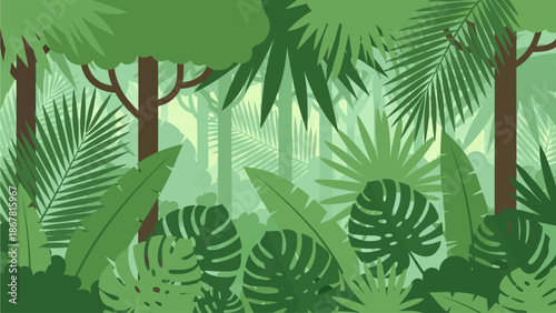Lush green jungle illustration with dense tropical foliage and trees in a stylized flat design.