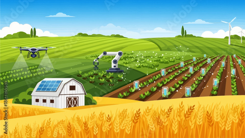 Futuristic farm with drone, robotic arm, solar panels, and wind turbines showcasing smart agriculture technology.