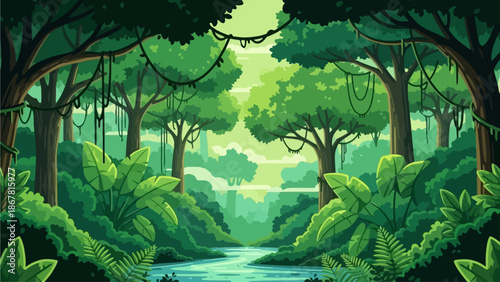 Lush green jungle with a winding river flowing through dense foliage and tall trees.