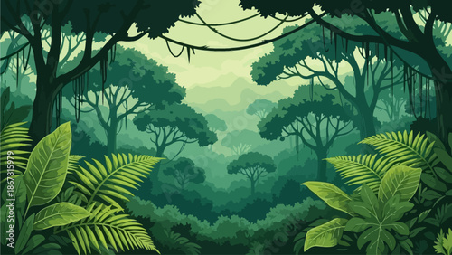 Lush green jungle landscape with dense foliage, towering trees, and hanging vines, creating a vibrant tropical rainforest scene.