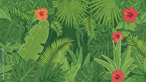 A vibrant illustration of a dense jungle scene filled with lush green foliage and colorful hibiscus flowers.