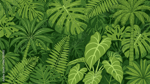 A vibrant, dense jungle canopy filled with various lush green tropical leaves and palm fronds.