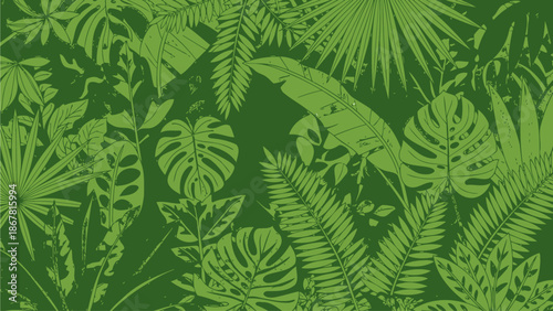 A vibrant green jungle scene filled with various tropical leaves and foliage, creating a lush and dense natural backdrop.