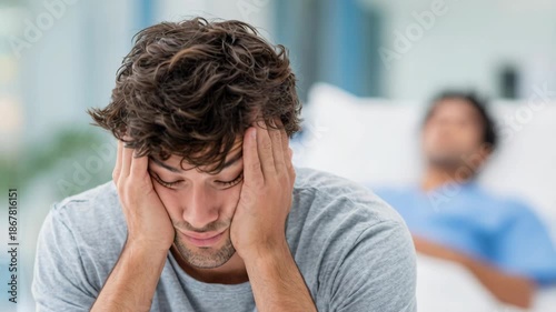 A man sits with his head in his hands, looking distressed, with another person in a hospital bed in the background.