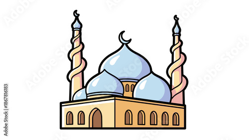 Cartoon illustration of a mosque with light blue domes and two tall minarets, featuring a crescent moon on the main dome against a white background.