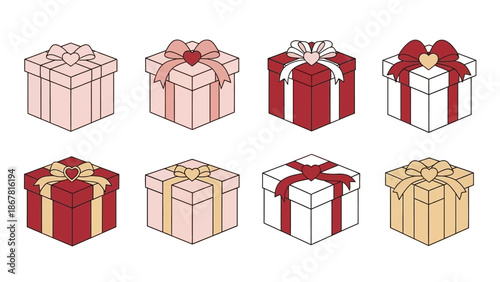 Isometric illustration of various gift boxes with ribbons and bows in pink, red, white, and gold, perfect for celebrations and special occasions.