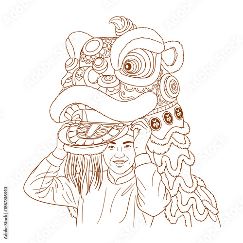 Young man wearing traditional lion dance costume and smiling  