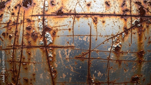 Rusty metal grid with corrosion damage.