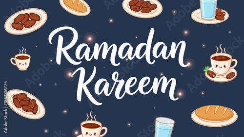 A festive Ramadan Kareem greeting card with dates, coffee, water, and bread on a dark blue background with sparkling stars, perfect for the holy month.