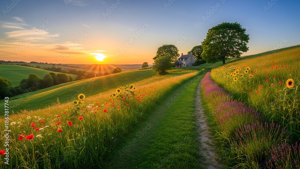 Fototapeta premium Sunset over a rural landscape road.