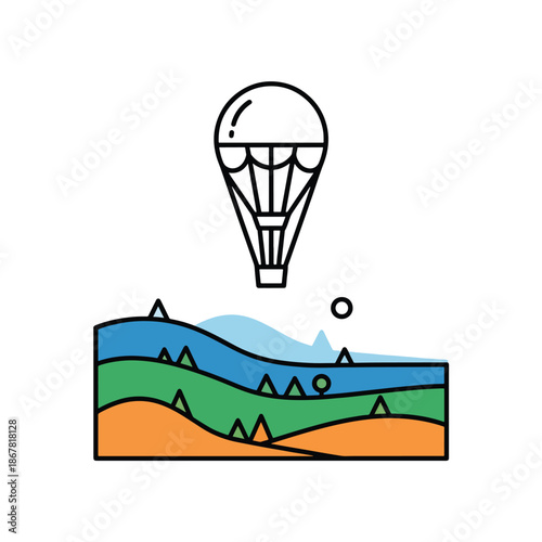 Scenic adventure: hot air balloon soaring above a vibrant layered landscape