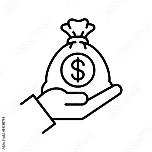 Money bag black line with dollar icon set. Money, budget, savings, loan, cash, earning, income, wallet, currency, dollar, coin, forex, revenue, profit icons. Finance business line icon collection.