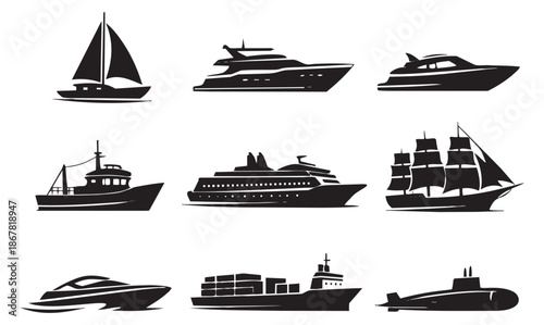 Black silhouette marine vehicles set featuring diverse boats and ships for transportation and travel concepts