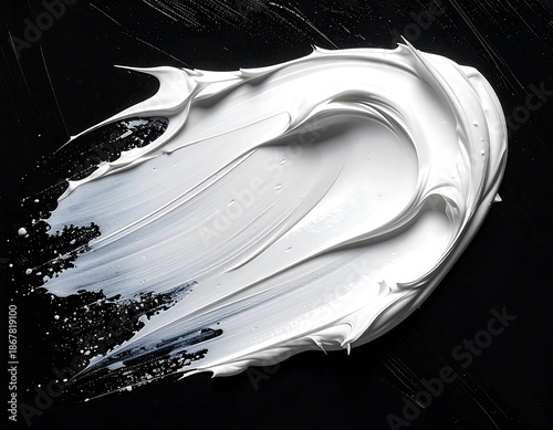 A close-up shot of a white swirl of thick, creamy substance against a contrasting black background, creating texture