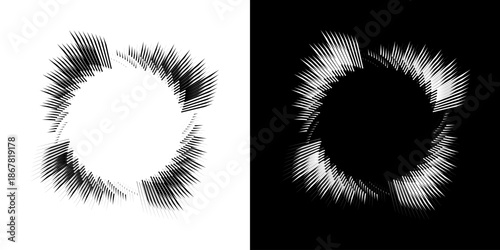 Dynamic abstract spiral sound wave rhythm lines. Circular spiral sound wave rhythm of lines. Circular futuristic abstract lines, black and white background.	