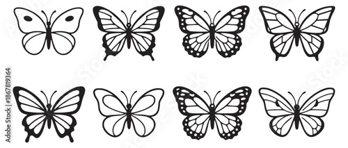 Hand drawn line art butterfly set featuring diverse patterns for nature and spring decoration