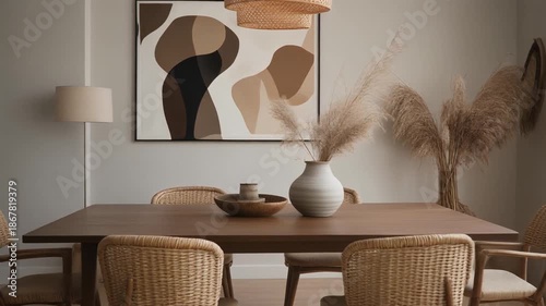 Modern and inviting dining room interior showcasing a wooden table, wicker chairs, a serene abstract artwork, and natural pampas grass decor, creating a warm, contemporary aesthetic