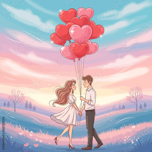 Romantic Couple Holding Heart Balloons at Sunset