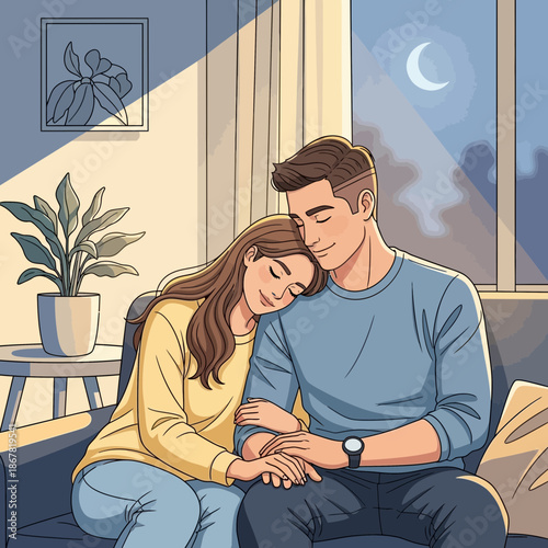 Couple Embracing at Home, Romantic Evening, Cozy Atmosphere, Love and Togetherness