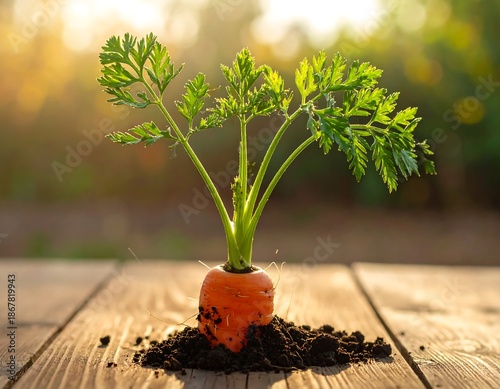 A close-up shot of a young carrot emerging from the soil on a weathered wooden surface, with vibrant green leaves