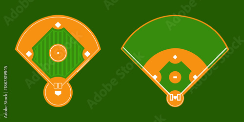Baseball field diagram set, top view vector illustration of infield and outfield layouts isolated on green background