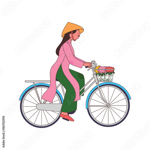 A beautiful Vietnamese girl wearing a pink traditional Ao Dai and conical hat, cycling a classic bicycle with a basket full of flowers. Modern flat vector for travel and culture
