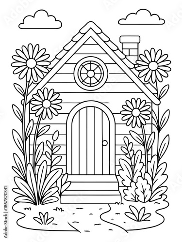 Cozy Cottage amidst Flora: This idyllic cottage is nestled amidst an array of lush flowers, offering a serene portrayal of nature's beauty and the charm of a humble abode. 