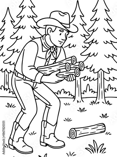 Cowboy with Lumber in Forest: A sturdy cowboy with a hat confidently carries a bundle of timber through a serene forest setting, embodying a blend of ruggedness and the simplicity of nature.