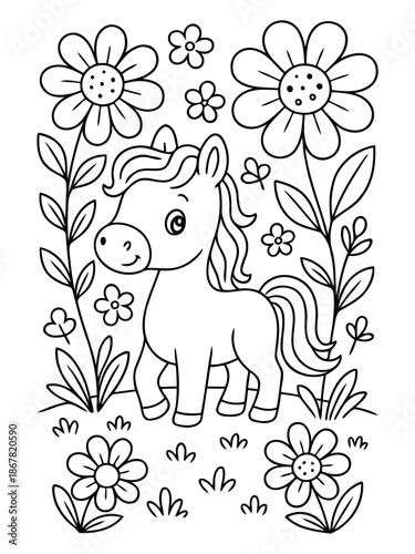 Cute Pony in Flower Garden: A cute pony stands in a garden among large flowers and delicate leaves, exuding a sense of joy and imagination. The setting, evoking feelings of playfulness.