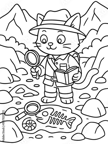 Adventure's Paw Prints: A cartoon cat, dressed as an explorer, embarks on a prehistoric adventure, uncovering ancient fossils and artifacts with keen observation.
