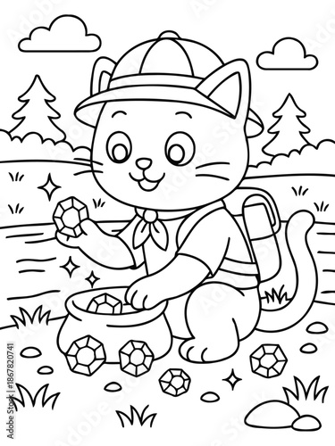 Cat's Treasure Hunt: A charming cat explorer, equipped with a backpack and a cheerful smile, uncovers a treasure trove of glistening gems in a delightful and whimsical setting.