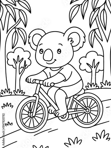 Koala on Bicycle Adventure: An adorable Koala is captured joyfully pedaling a bicycle, exploring a tranquil forest scene. A wonderful image that exudes happiness.