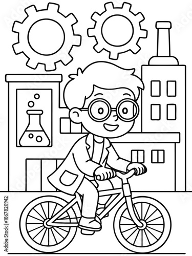 Whimsical Inventor's Cycle: A cheerful young inventor, brimming with enthusiasm, pedals a bicycle in front of a factory and gears, embodying the spirit of innovation and industrial advancement.