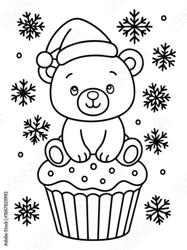Festive Bear and Sweet Treat: A charming, outlined illustration of a cuddly bear in a festive hat, perched atop a delightful cupcake and surrounded by gentle snowflakes.