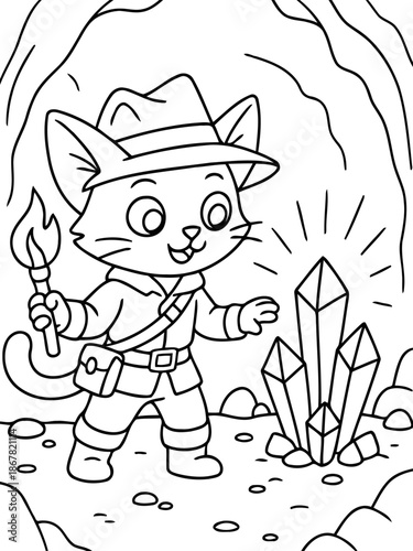 Curious Explorer in a Hidden World: A cartoon cat, donning an explorer's attire, discovers a treasure trove of glistening crystals in a mystical cave. 
